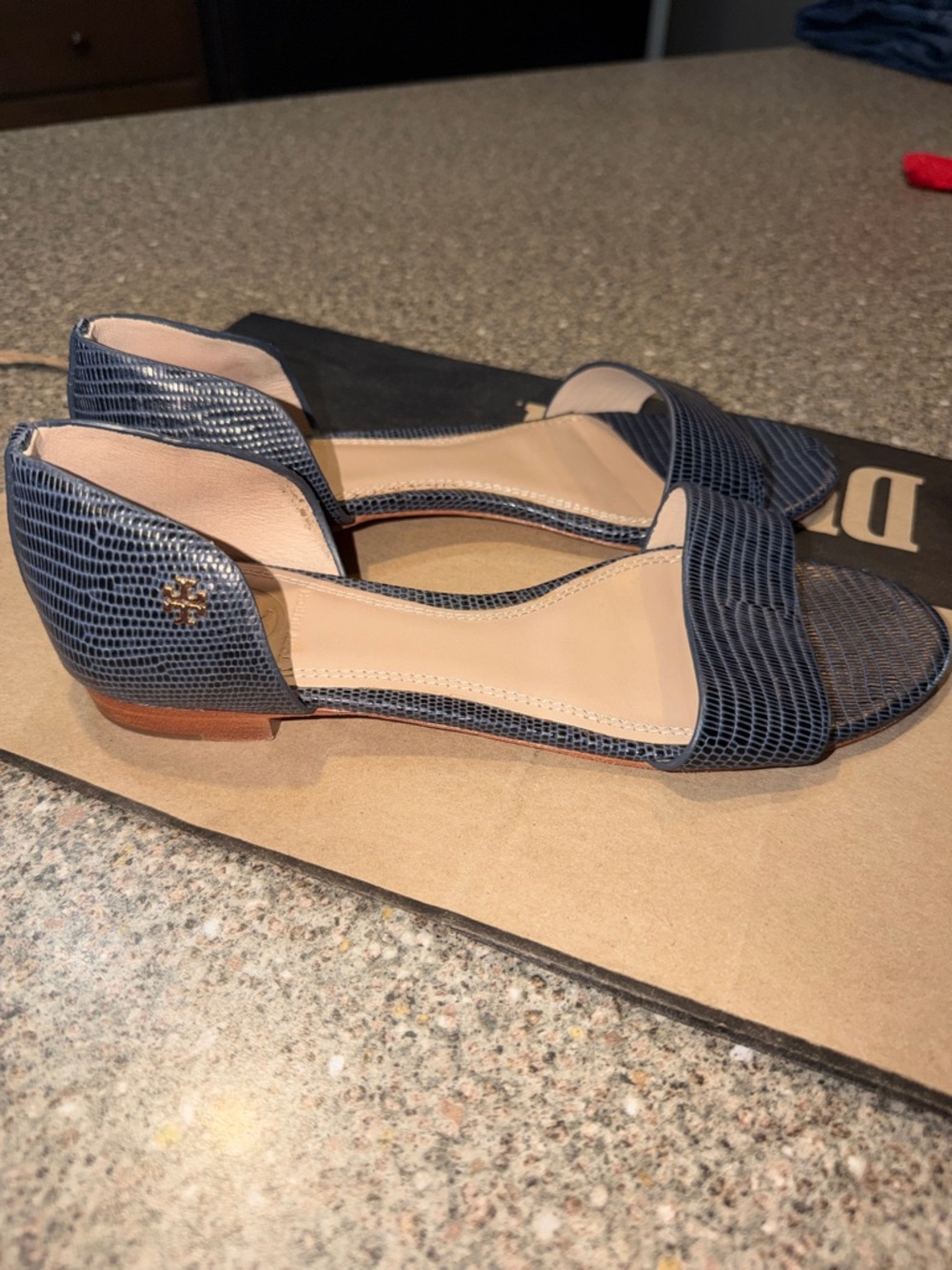 Tory Burch Navy Gabrielle Nubock Snakeskin Open-Toe Flats with Gold Logo